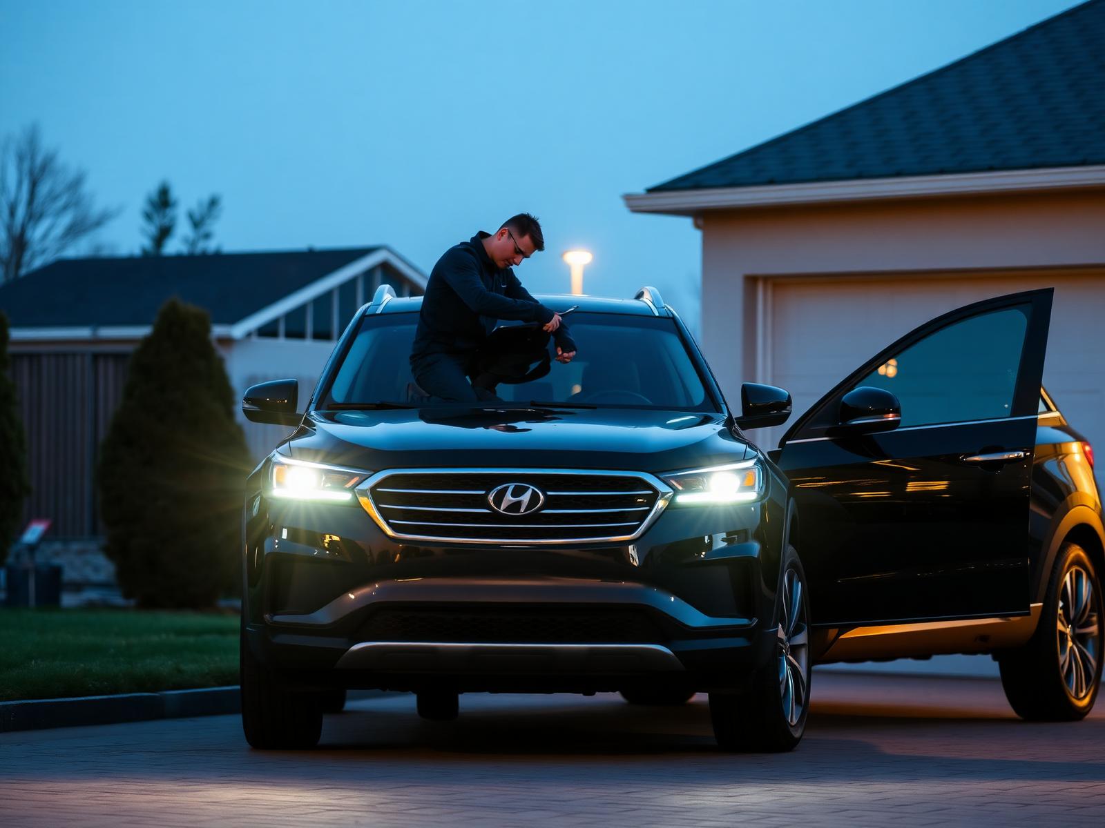 Carolina Auto Glass technician installing a windshield at dusk